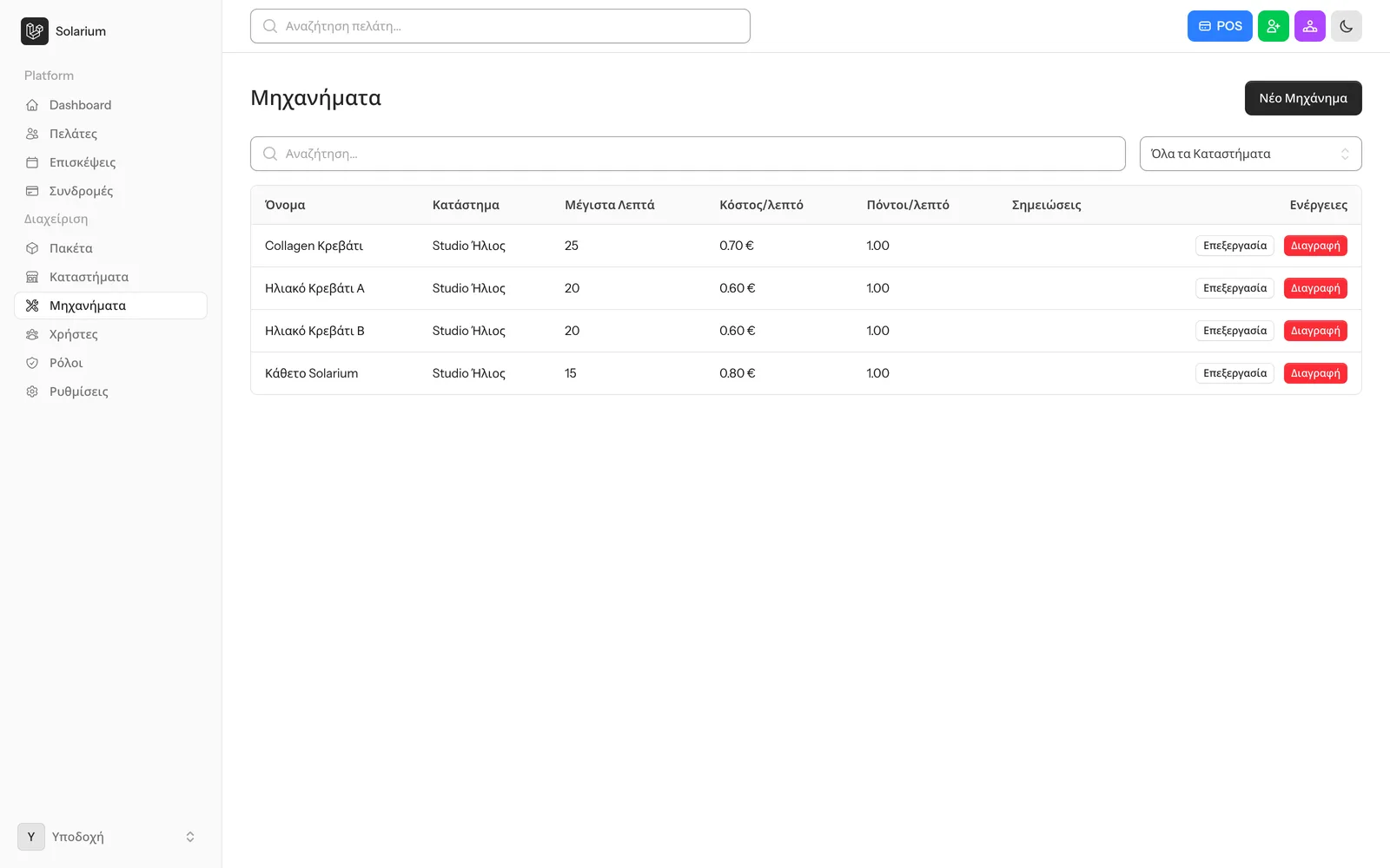 Διαχείριση μηχανημάτων solarium με μέγιστα λεπτά και κόστος ανά λεπτό